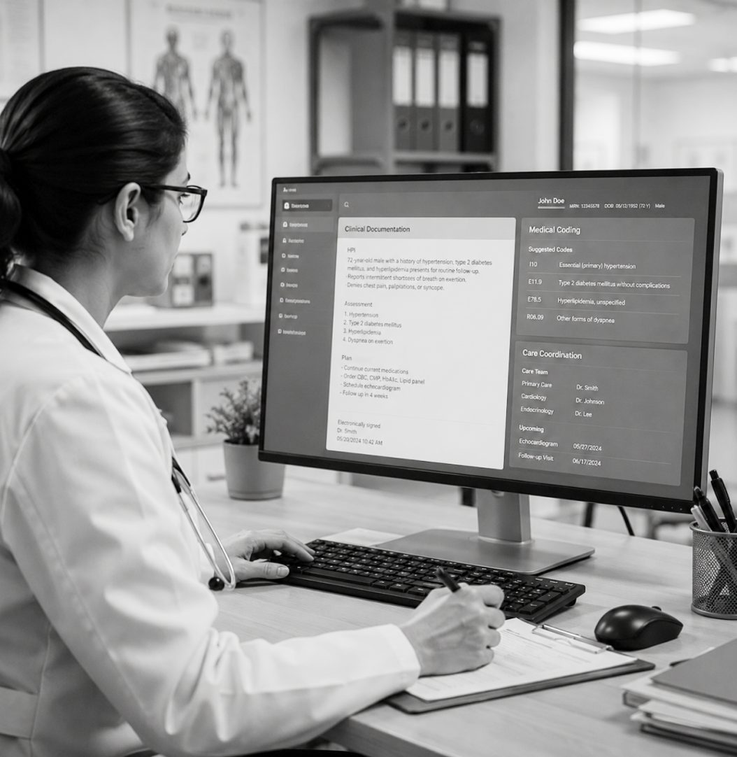 Healthcare professional reviewing clinical data on a monitor